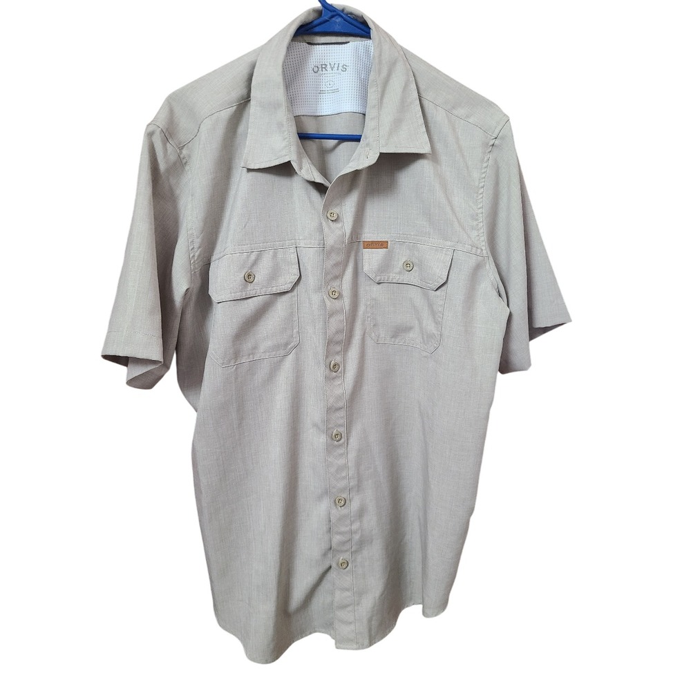 Orvis Tech Outdoor Breathable Shirt Size Large Beige Short Sleeve Button Up